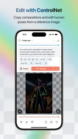 Capture de l'appli Draw Things sur iPhone, en anglais, titrée « Edit with ControlNet » : une pose humaine reprise d'une image de référence.