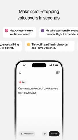 Capture de l'appli ElevenLabs sur Android, en anglais, titrée « Make scroll-stopping voiceovers in seconds » : la création d'une voix off à partir d'un texte.