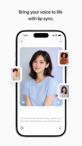 Capture de l'appli ElevenLabs sur Android, en anglais, titrée « Bring your voice to life with lip sync » : le visage d'une personne animé par une voix.