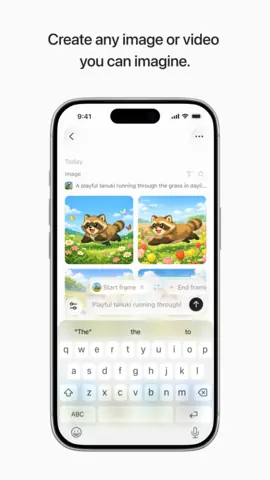Capture de l'appli ElevenLabs sur Android, en anglais, titrée « Create any image or video you can imagine » : des images d'un tanuki générées.