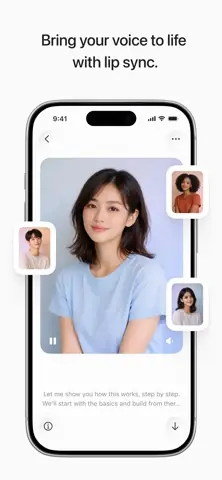 Capture de l'appli ElevenLabs sur iPhone, en anglais, titrée « Bring your voice to life with lip sync » : le visage d'une personne animé par une voix.