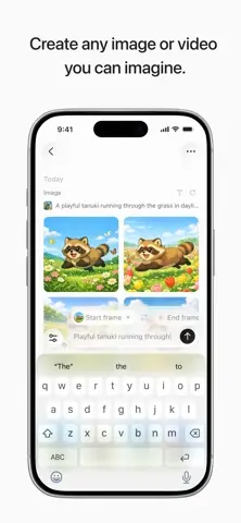 Capture de l'appli ElevenLabs sur iPhone, en anglais, titrée « Create any image or video you can imagine » : des images d'un tanuki générées.