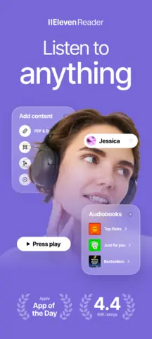 Visuel de l'appli ElevenReader sur Android, en anglais, titré « Listen to anything » : une personne avec un casque et les menus de l'appli.