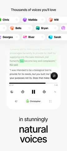 Capture de l'appli ElevenReader sur Android, en anglais : un texte lu à voix haute, le passage en cours surligné.