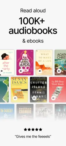 Visuel de l'appli ElevenReader sur Android, en anglais, titré « Read aloud 100K+ audiobooks & ebooks » : une grille de couvertures de livres.