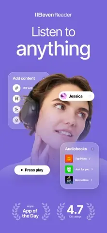 Visuel de l'appli ElevenReader sur iPhone, en anglais, titré « Listen to anything » : une personne avec un casque et les menus pour ajouter un contenu ou un livre audio.