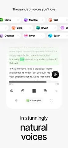 Capture de l'appli ElevenReader sur iPhone, en anglais : un texte lu à voix haute, le passage en cours surligné, avec le choix de la voix.