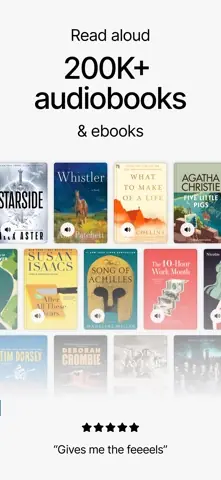 Visuel de l'appli ElevenReader sur iPhone, en anglais, titré « Read aloud 200K+ audiobooks & ebooks » : une grille de couvertures de livres.