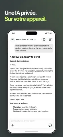 Capture de l'appli Enclave AI sur iPhone, titrée « Une IA privée. Sur votre appareil. » : un courriel de suivi rédigé par Meta Llama 3.2 3B.
