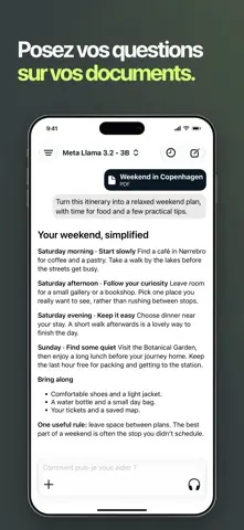 Capture de l'appli Enclave AI sur iPhone, titrée « Posez vos questions sur vos documents » : un programme de week-end tiré d'un PDF joint.