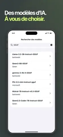 Capture de l'appli Enclave AI sur iPhone, titrée « Des modèles d'IA. À vous de choisir. » : la recherche de modèles au format GGUF.