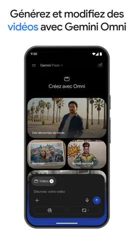 Capture de l'appli Gemini sur Android, titrée « Générez et modifiez des vidéos avec Gemini Omni » : l'écran de création de vidéos.