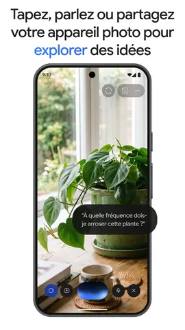 Capture de l'appli Gemini sur Android, titrée « Tapez, parlez ou partagez votre appareil photo » : la caméra pointée sur une plante.