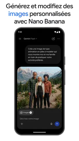 Capture de l'appli Gemini sur Android, titrée « Générez et modifiez des images personnalisées avec Nano Banana » : une photo de famille générée.