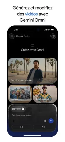 Capture de l'appli Gemini sur iPhone, titrée « Générez et modifiez des vidéos avec Gemini Omni » : l'écran de création de vidéos et ses modèles.