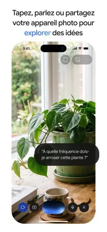 Capture de l'appli Gemini sur iPhone, titrée « Tapez, parlez ou partagez votre appareil photo » : la caméra pointée sur une plante, avec la question de l'arrosage.