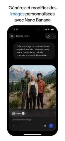 Capture de l'appli Gemini sur iPhone, titrée « Générez et modifiez des images personnalisées avec Nano Banana » : une photo de famille créée à partir d'une description.