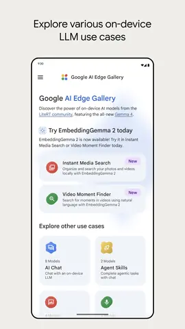 Capture de l'appli Google AI Edge Gallery sur Android, en anglais : l'accueil avec Instant Media Search, Video Moment Finder, AI Chat et Agent Skills.