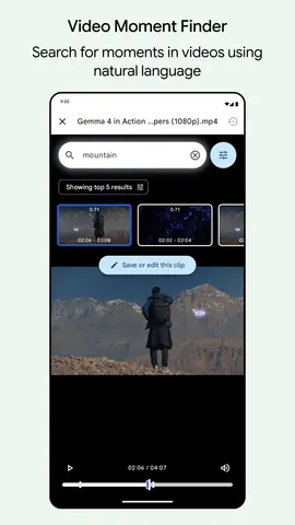 Capture de l'appli Google AI Edge Gallery sur Android, en anglais : Video Moment Finder repère les passages d'une vidéo montrant une montagne.