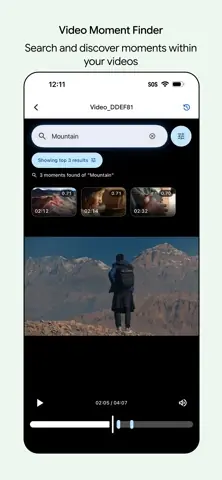 Capture de l'appli Google AI Edge Gallery sur iPhone, en anglais : la recherche de passages d'une vidéo montrant une montagne.