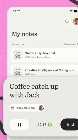 Capture de l'appli Granola sur Android, en anglais : la liste des notes et un enregistrement en cours.