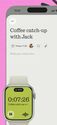 Capture de l'appli Granola sur iPhone, en anglais : une note de rendez-vous en cours d'enregistrement, avec le minuteur sur une montre connectée.