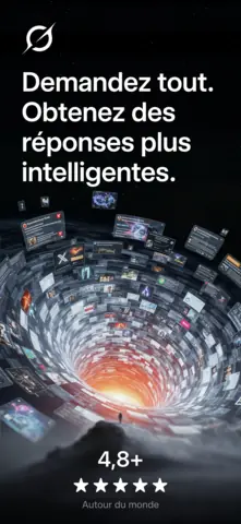 Visuel de l'appli Grok sur Android : le titre « Demandez tout. Obtenez des réponses plus intelligentes. » au-dessus d'un tourbillon de pages, avec une note de 4,8.