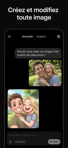 Capture de l'appli Grok sur Android, titrée « Créez et modifiez toute image » : une photo de couple transformée en illustration de style chibi.