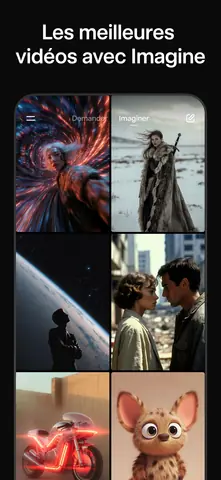 Capture de l'appli Grok sur Android, titrée « Les meilleures vidéos avec Imagine » : une mosaïque de vidéos générées.