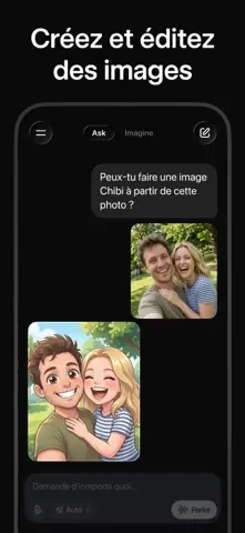 Capture de l'appli Grok sur iPhone, titrée « Créez et éditez des images » : une photo de couple transformée en illustration de style chibi.