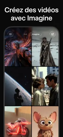 Capture de l'appli Grok sur iPhone, titrée « Créez des vidéos avec Imagine » : une mosaïque de vidéos générées.