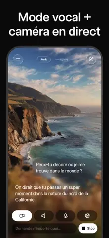 Capture de l'appli Grok sur iPhone, titrée « Mode vocal + caméra en direct » : la caméra filme une côte, et Grok décrit le lieu.