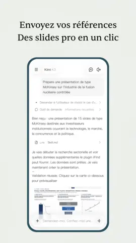 Capture de l'appli Kimi sur Android, titrée « Envoyez vos références, des slides pro en un clic » : la préparation d'une présentation.