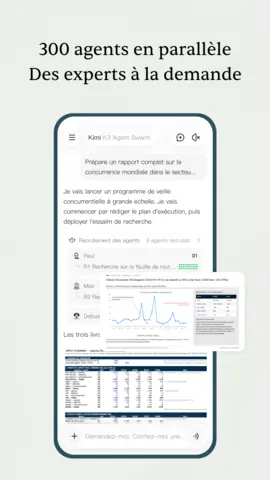 Capture de l'appli Kimi sur Android, titrée « 300 agents en parallèle, des experts à la demande » : un rapport de veille mené par plusieurs agents.