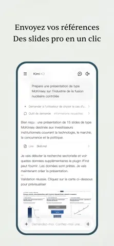 Capture de l'appli Kimi sur iPhone, titrée « Envoyez vos références, des slides pro en un clic » : la préparation d'une présentation de quinze diapositives.