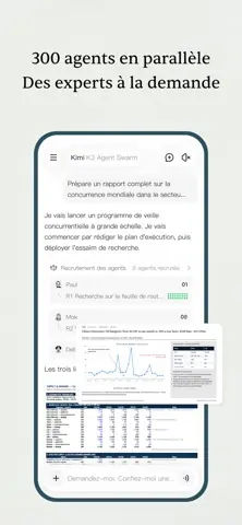 Capture de l'appli Kimi sur iPhone, titrée « 300 agents en parallèle, des experts à la demande » : un rapport de veille mené par plusieurs agents, avec un graphique.