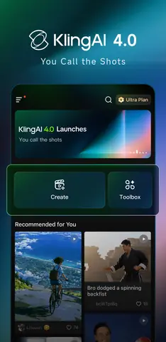 Capture de l'appli KlingAI sur Android, en anglais, titrée « KlingAI 4.0, You Call the Shots » : l'accueil et les vidéos recommandées.