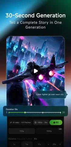Capture de l'appli KlingAI sur Android, en anglais, titrée « 30-Second Generation » : le réglage de la durée d'une vidéo, jusqu'à 30 secondes.