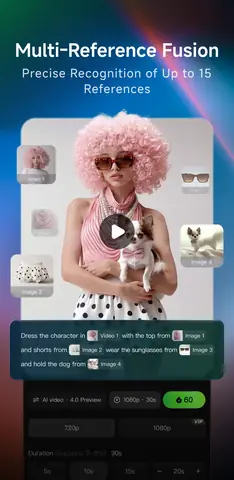 Capture de l'appli KlingAI sur Android, en anglais, titrée « Multi-Reference Fusion » : une vidéo composée à partir de plusieurs images de référence.