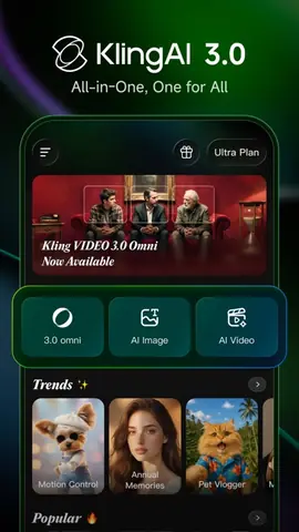 Capture de l'appli KlingAI sur iPhone, en anglais, titrée « KlingAI 3.0, All-in-One » : l'accueil avec les modules vidéo, image et 3.0 Omni.