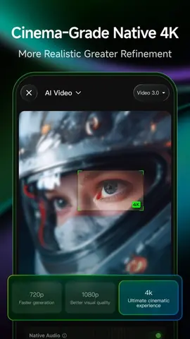 Capture de l'appli KlingAI sur iPhone, en anglais, titrée « Cinema-Grade Native 4K » : le choix de la résolution d'une vidéo, jusqu'à la 4K.