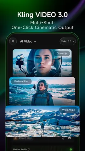 Capture de l'appli KlingAI sur iPhone, en anglais, titrée « Kling VIDEO 3.0 Multi-Shot » : trois plans d'une même scène générés d'un coup.