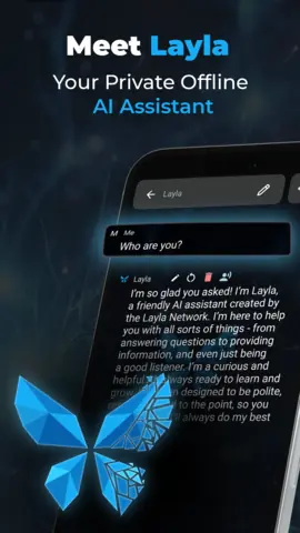 Capture de l'appli Layla sur Android, en anglais, titrée « Meet Layla, your private offline AI assistant » : une réponse de l'assistante.