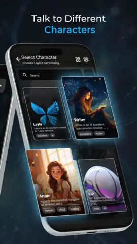 Capture de l'appli Layla sur Android, en anglais, titrée « Talk to different characters » : la galerie des personnages.