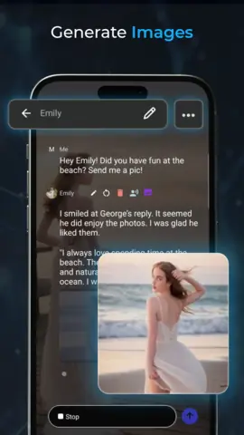 Capture de l'appli Layla sur Android, en anglais, titrée « Generate images » : une image générée dans une conversation avec un personnage.
