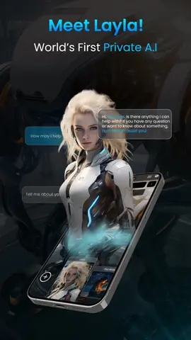 Visuel de l'appli Layla sur iPhone, en anglais, titré « Meet Layla! World's First Private A.I » : un personnage d'assistante sur un téléphone.