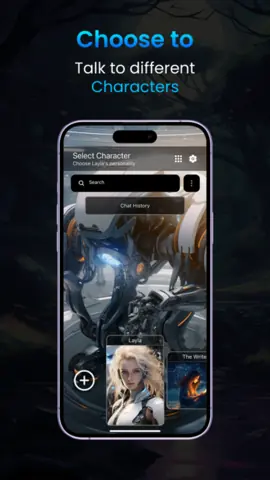 Capture de l'appli Layla sur iPhone, en anglais, titrée « Choose to talk to different characters » : le choix d'un personnage.