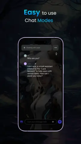 Capture de l'appli Layla sur iPhone, en anglais, titrée « Easy to use chat modes » : une conversation avec l'assistante Layla.
