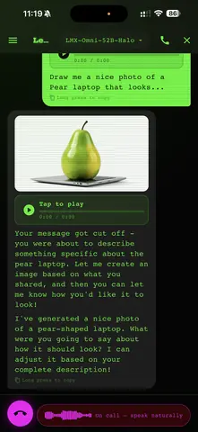 Capture de l'appli Lemonade Mobile sur Android, en anglais, en vert sur noir : une conversation avec génération d'image.