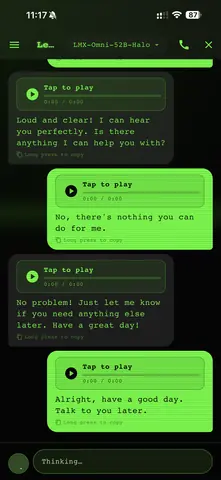Capture de l'appli Lemonade Mobile sur Android, en anglais : une conversation vocale avec le serveur, réponses à écouter.